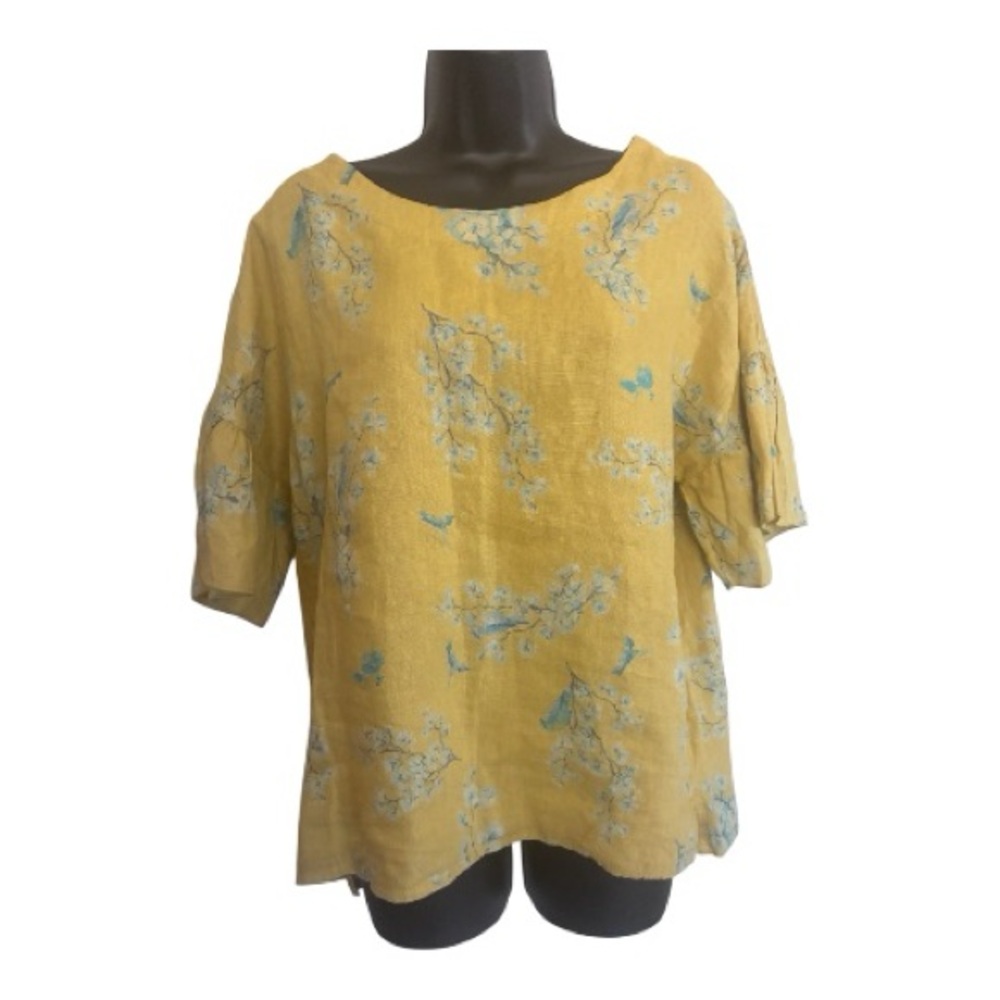 Bellambia Linen Floral Short-Sleeve Top Yellow Size M